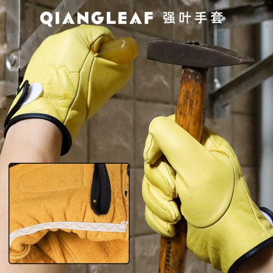 Qiangye labor protection gloves, sheepskin, soft, wear-resistant, breathable, anti slip, and anti stab outdoor work leather gloves factory wholesale