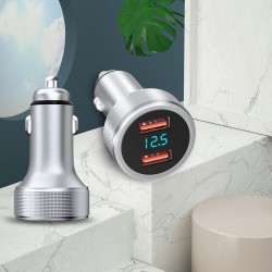 Intelligent Digital Display Car Super Fast Charger Apple Phone One to Two USB Cigarette Lighter with Metal Charging Head